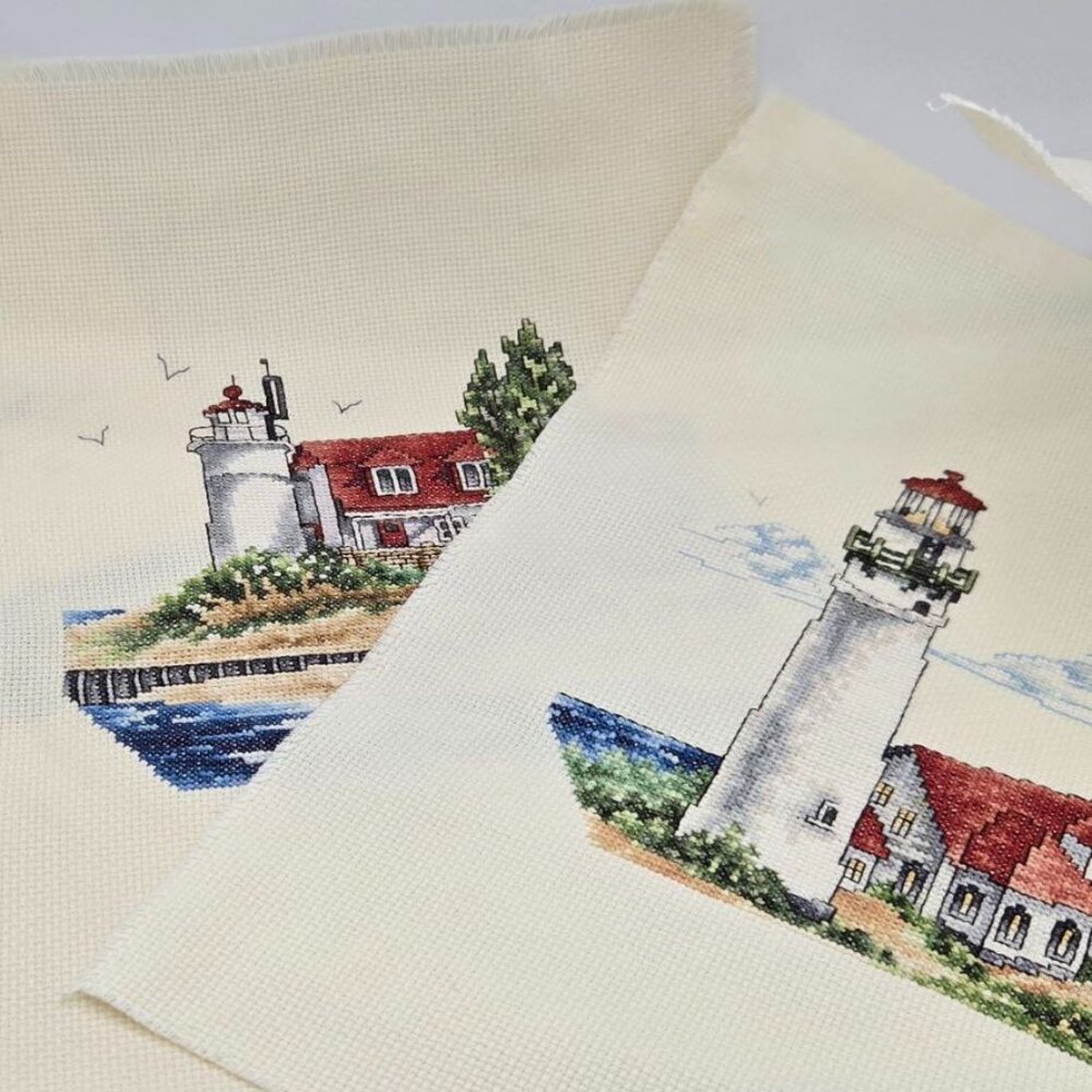 Set of 2 Completed Lighthouse Cross Stitch | Nautical Unframed Coastal Wall Art